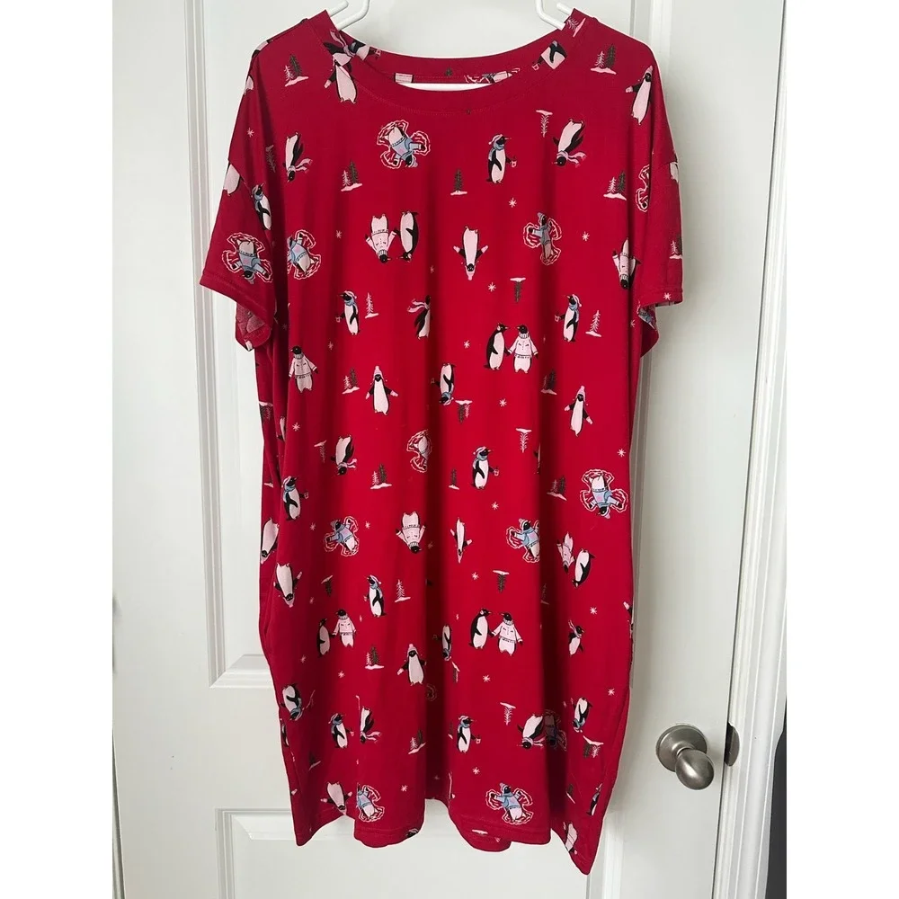 Joyspun Women's Printed Sleep Shirt Red Pepper‎ L/XL Short Sleeves Oversized
